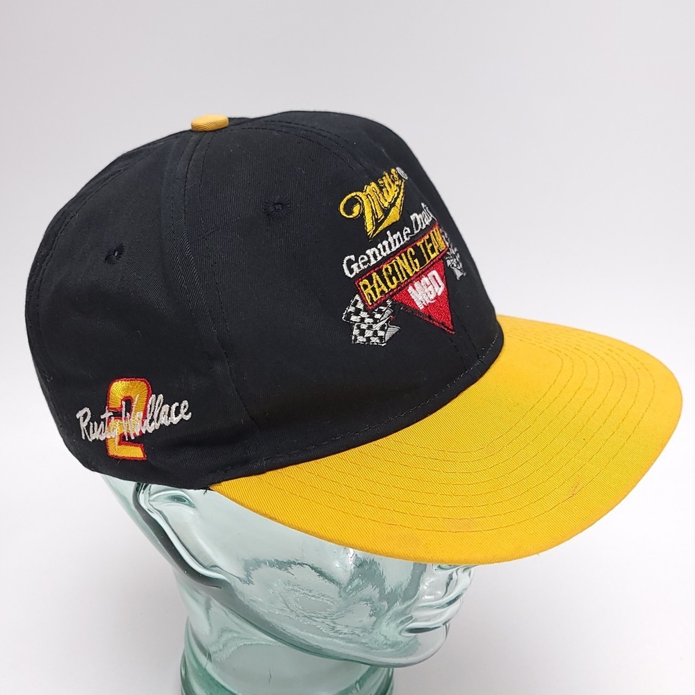 Vintage‎ Rusty Wallace NASCAR Hat Miller MGD Black Yellow Cap Snap Back